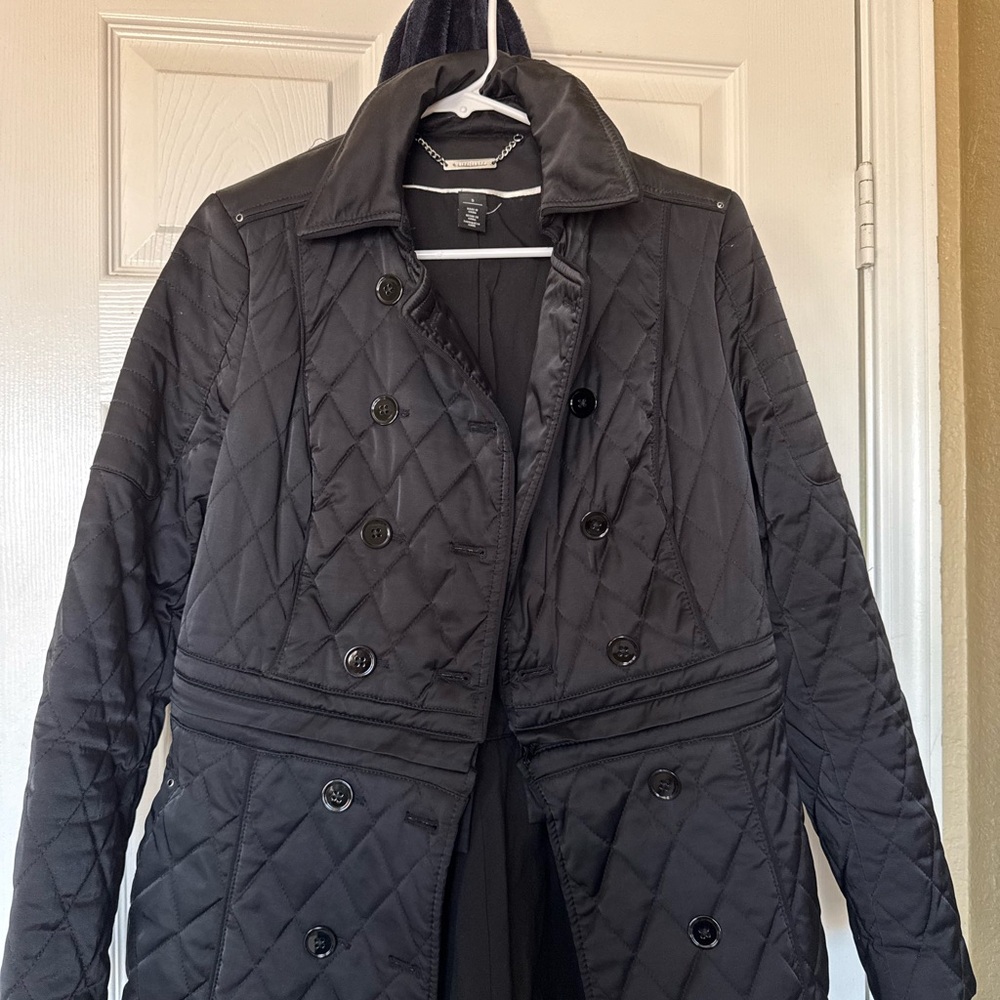 White House Black Market Black Trench Coat with Quilted Design